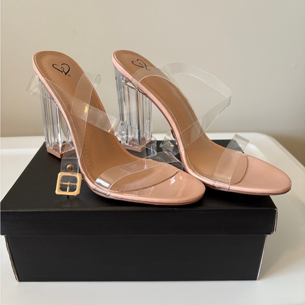 Windsor Tan Heels with Clear Block Design & Clear Ankle Straps. Size 9.